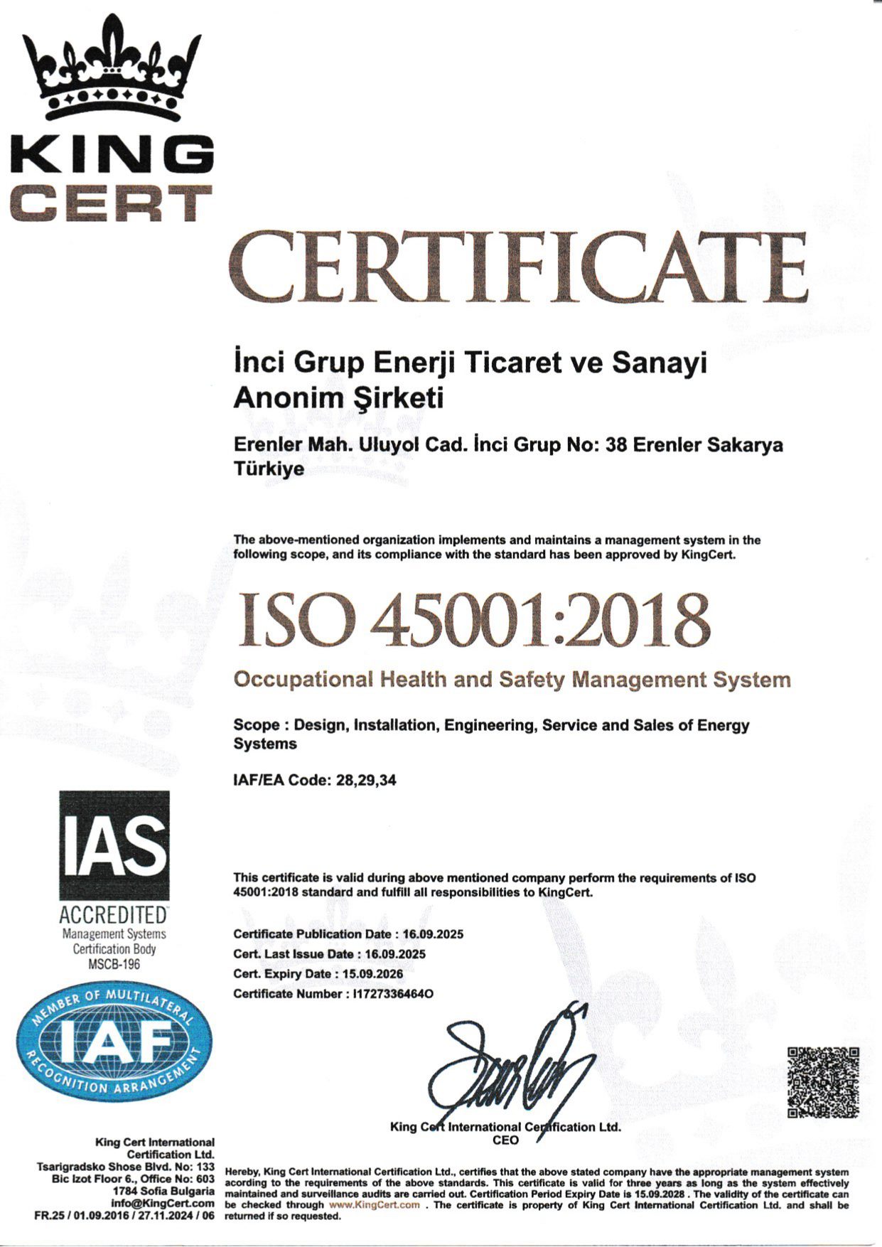 ISO 45001:2018 İngilizce Sertifika